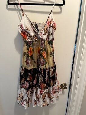 ETC Floral Tiered Spaghetti-Strap Dress in White, Brown, Pink size medium